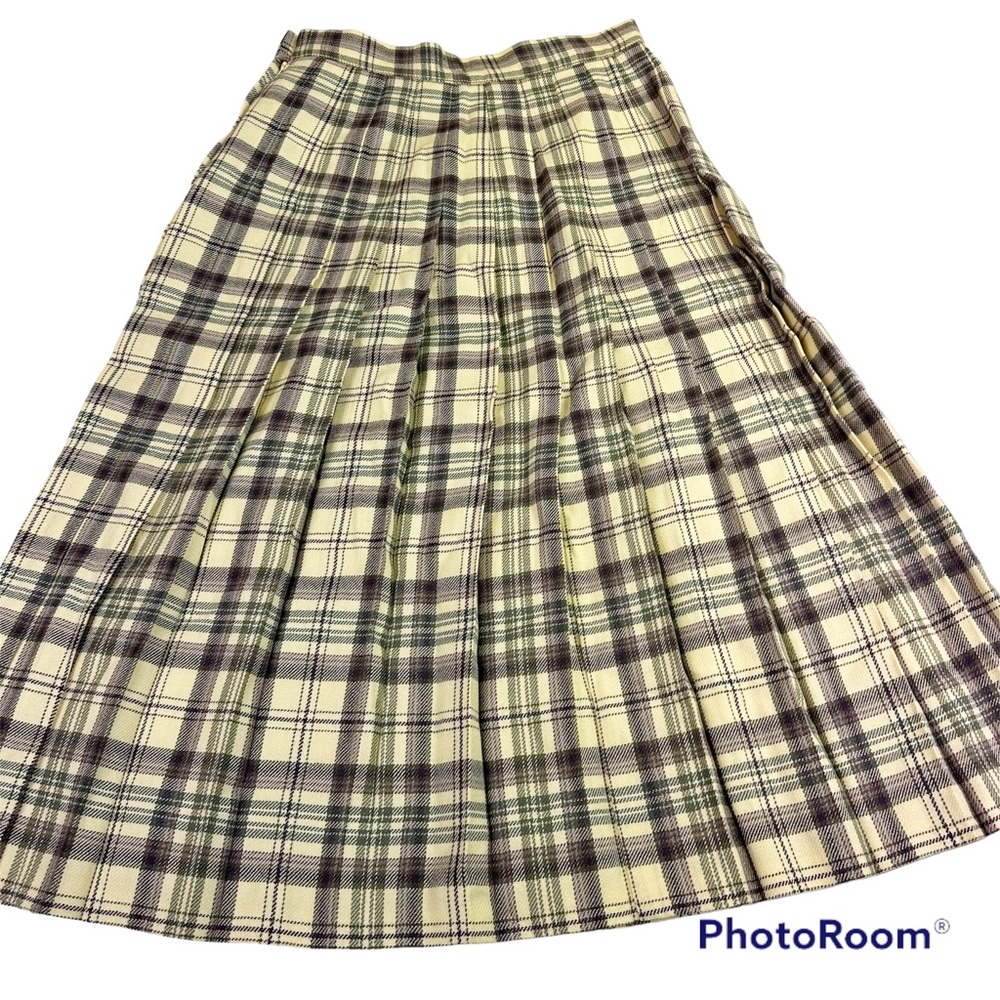Vintage Wool Pleated Skirt Womens size 8 Petite Fall Plaid Cream Plum